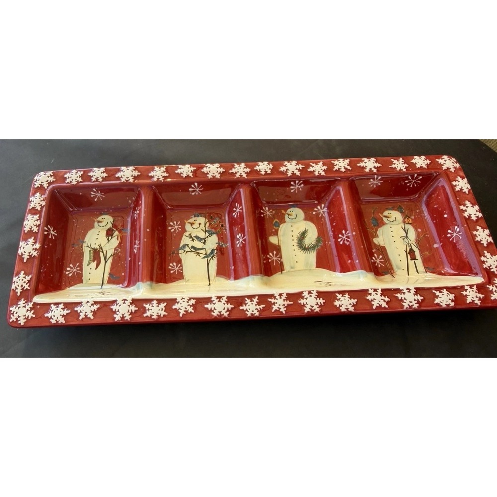 Twilight Snowmen Relish Tray Earthenware Certified Baxter White/ Red!